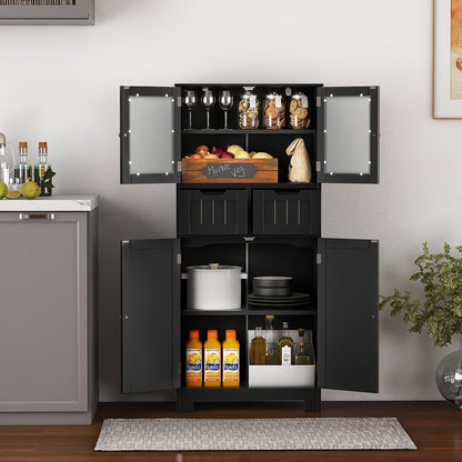4 Door Freestanding Bathroom Cabinet, 2 Drawers, Glass Doors, Black Floor Cabinets at Gallery Canada