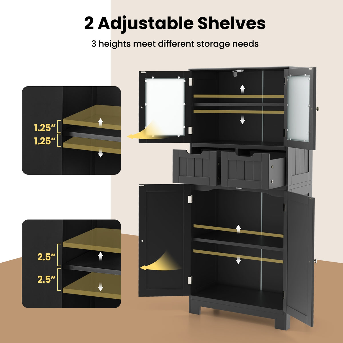 4 Door Freestanding Bathroom Cabinet, 2 Drawers, Glass Doors, Black Floor Cabinets at Gallery Canada