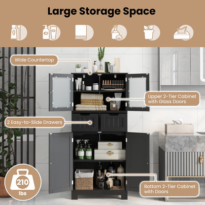 4 Door Freestanding Bathroom Cabinet, 2 Drawers, Glass Doors, Black Floor Cabinets at Gallery Canada