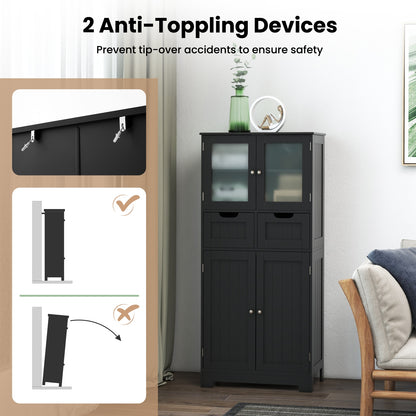 4 Door Freestanding Bathroom Cabinet, 2 Drawers, Glass Doors, Black Floor Cabinets at Gallery Canada
