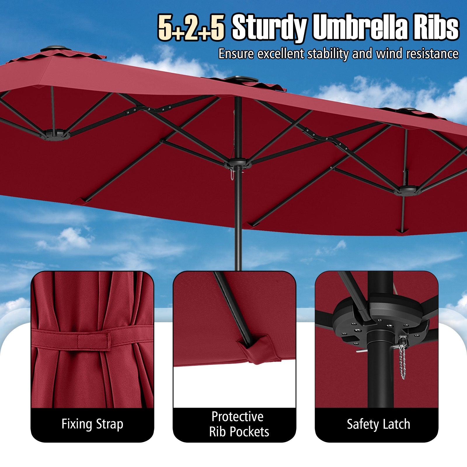 15.5 FT Extra-Large Patio Umbrella with LED Solar Lights and Crank Handle, Red Outdoor Umbrellas at Gallery Canada