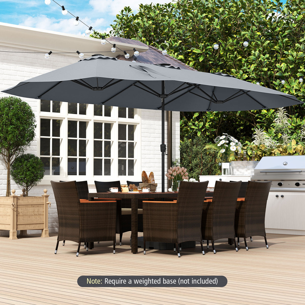 15.5 FT Extra-Large Patio Umbrella, LED Solar Lights, Crank Handle, Gray Outdoor Umbrellas at Gallery Canada