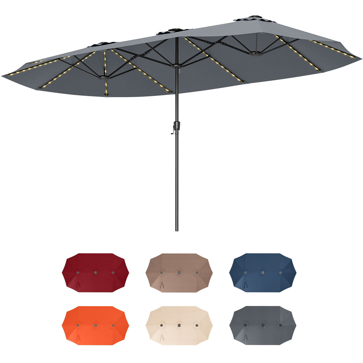 15.5 FT Extra-Large Patio Umbrella, LED Solar Lights, Crank Handle, Gray Outdoor Umbrellas at Gallery Canada