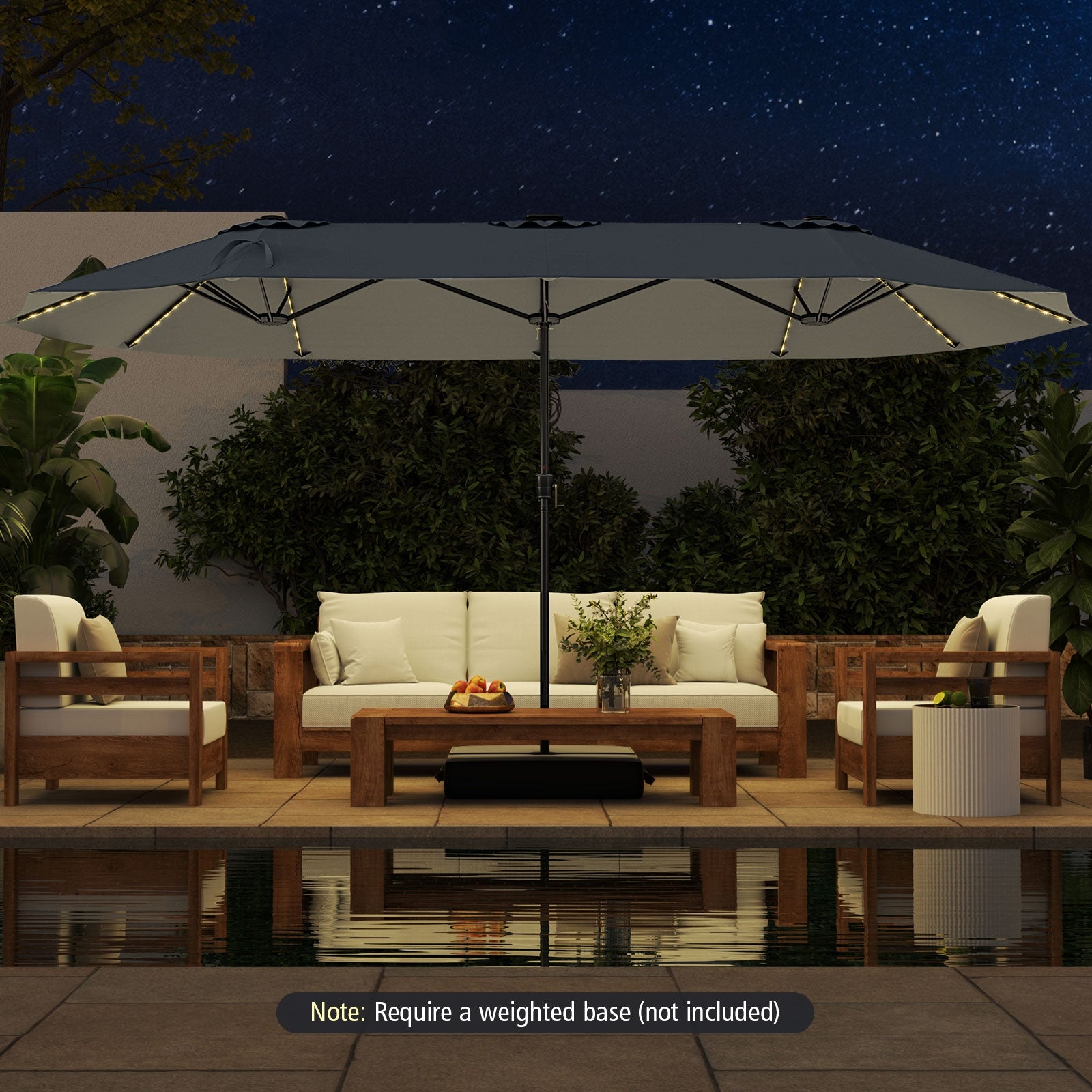 15.5 FT Extra-Large Patio Umbrella, LED Solar Lights, Crank Handle, Gray Outdoor Umbrellas at Gallery Canada