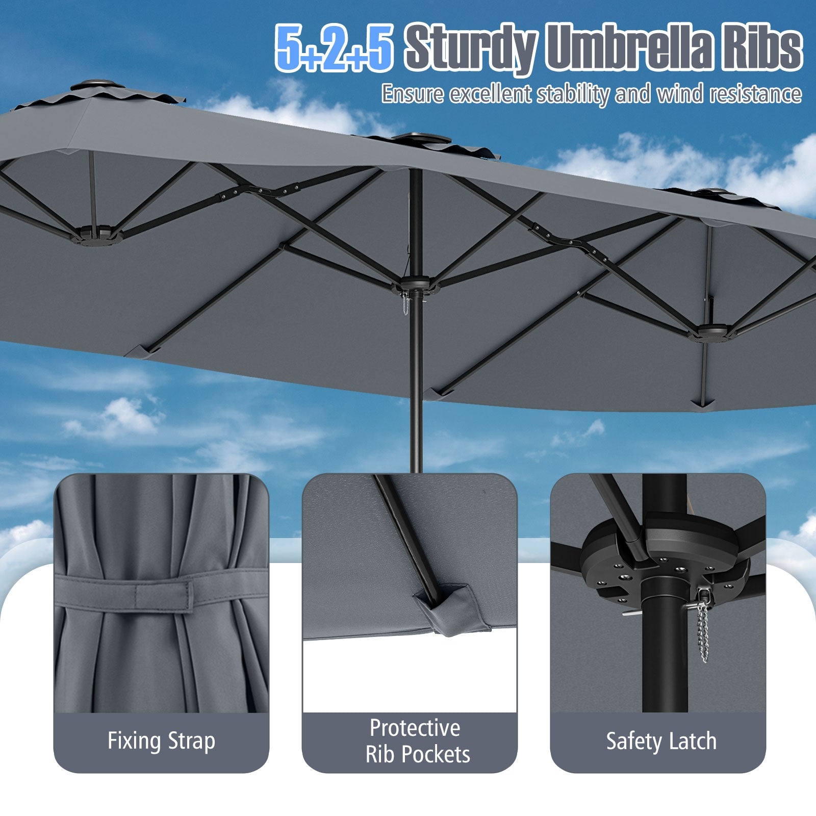 15.5 FT Extra-Large Patio Umbrella, LED Solar Lights, Crank Handle, Gray Outdoor Umbrellas at Gallery Canada