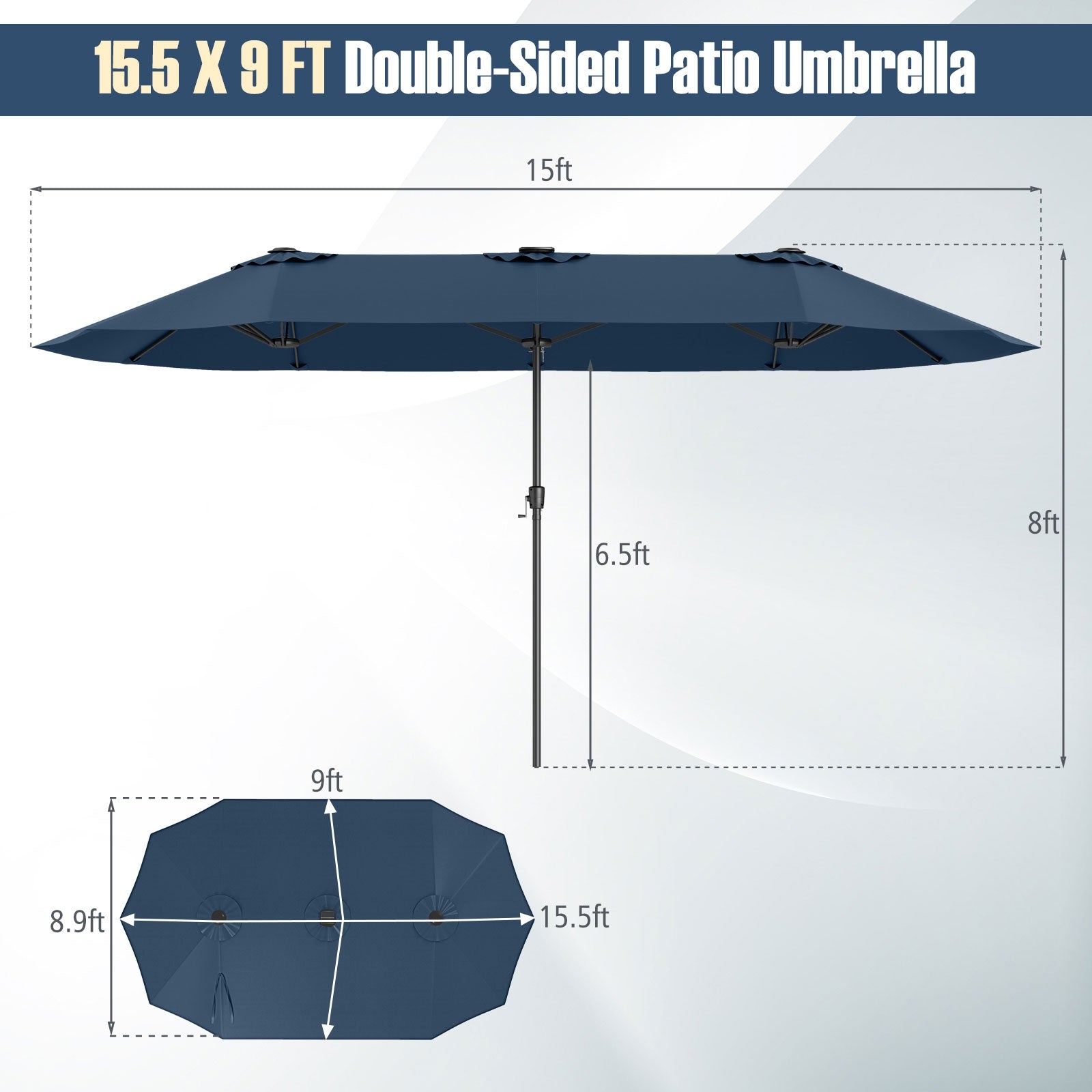 15.5 FT Patio Umbrella, LED Solar Lights, Crank Handle, Navy Outdoor Umbrellas at Gallery Canada