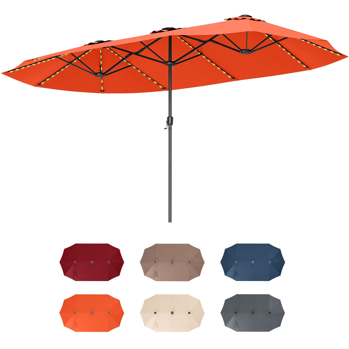 15.5 FT Patio Umbrella With LED Solar Lights, Crank Handle, Orange Outdoor Umbrellas at Gallery Canada
