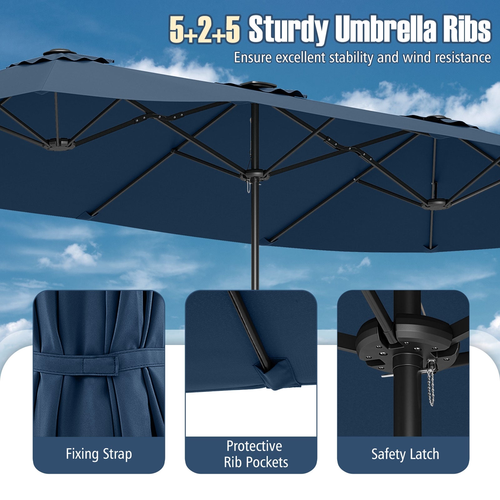 15.5 FT Patio Umbrella, LED Solar Lights, Crank Handle, Navy Outdoor Umbrellas at Gallery Canada