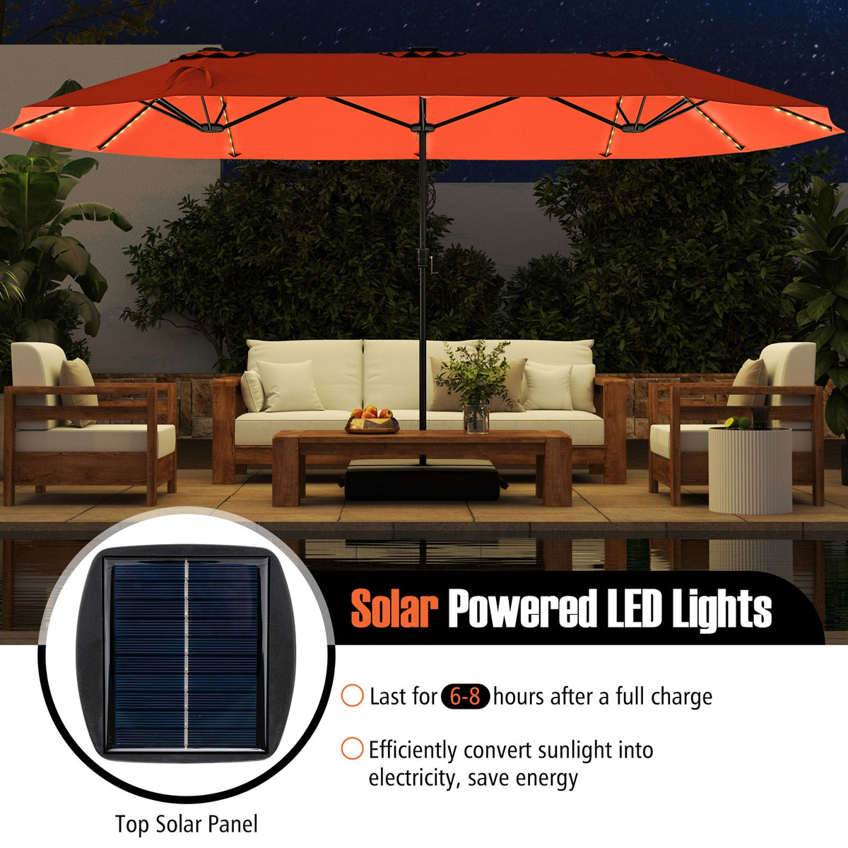 15.5 FT Patio Umbrella With LED Solar Lights, Crank Handle, Orange Outdoor Umbrellas at Gallery Canada