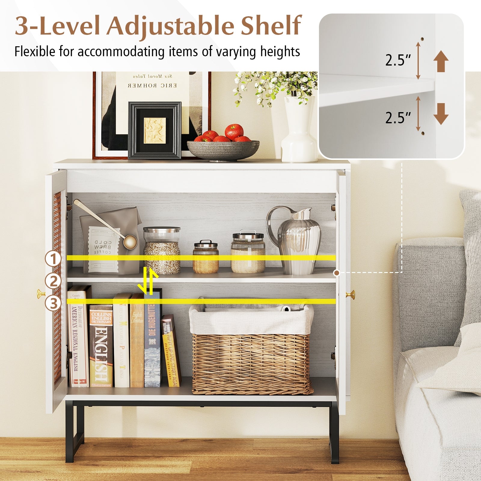 Rattan Storage Cabinet, 2 Doors, Adjustable Shelf, White Sideboards Cabinets & Buffets at Gallery Canada