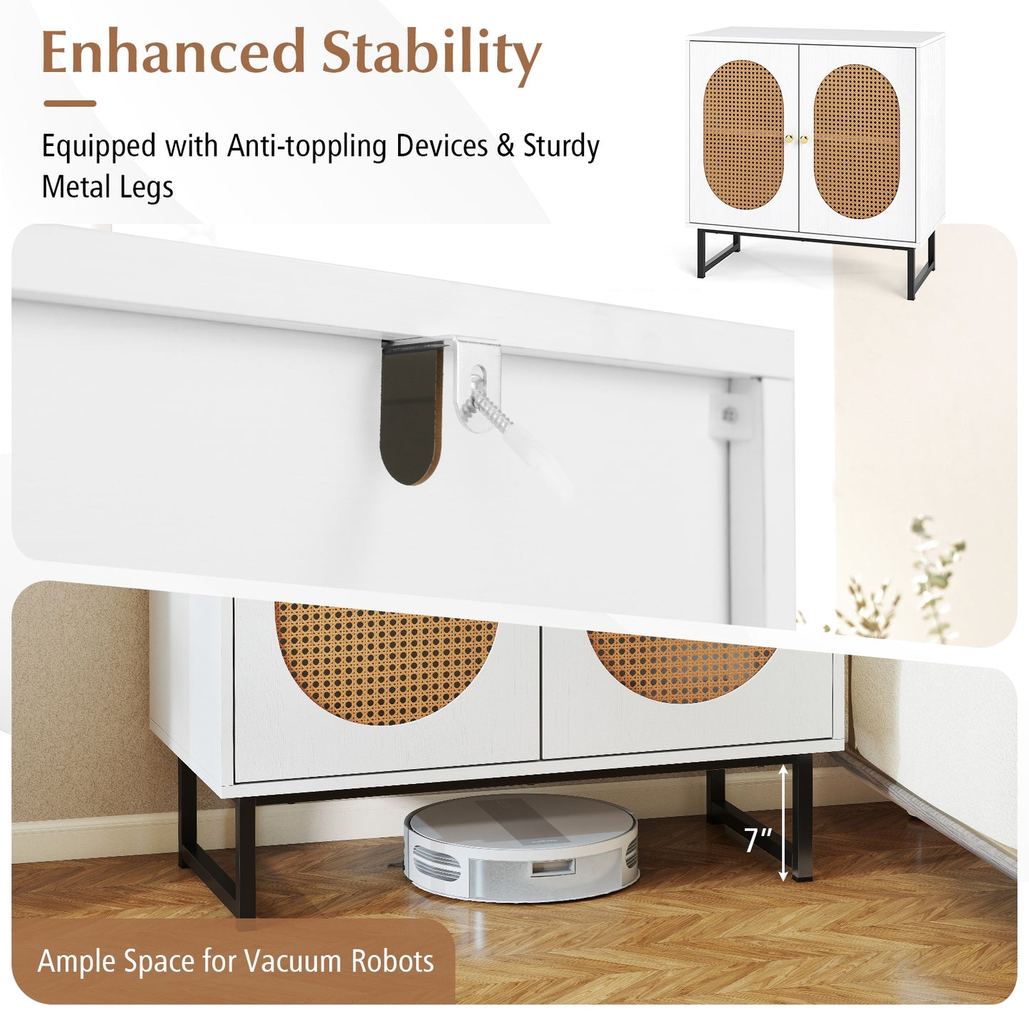 Rattan Storage Cabinet, 2 Doors, Adjustable Shelf, White Sideboards Cabinets & Buffets at Gallery Canada