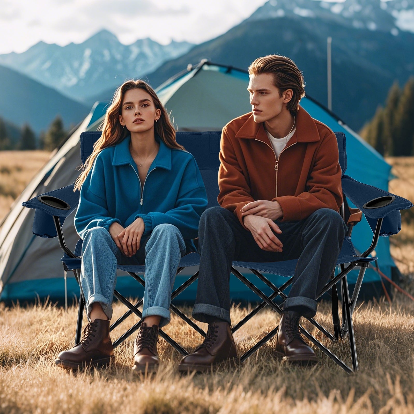 Double Camping Chair, 2-Person Folding Loveseat With Cup Holders, Blue Camping Furniture at Gallery Canada