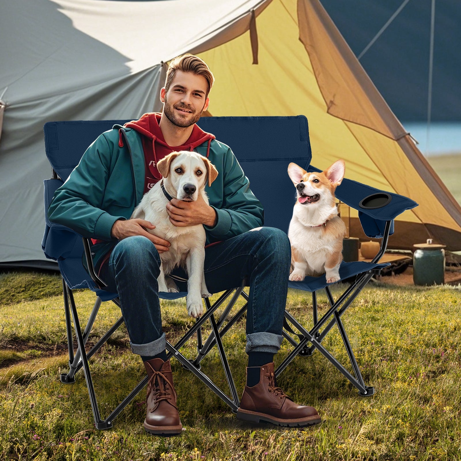 Double Camping Chair, 2-Person Folding Loveseat With Cup Holders, Blue Camping Furniture at Gallery Canada