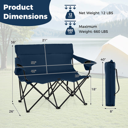 Double Camping Chair, 2-Person Folding Loveseat With Cup Holders, Blue Camping Furniture at Gallery Canada