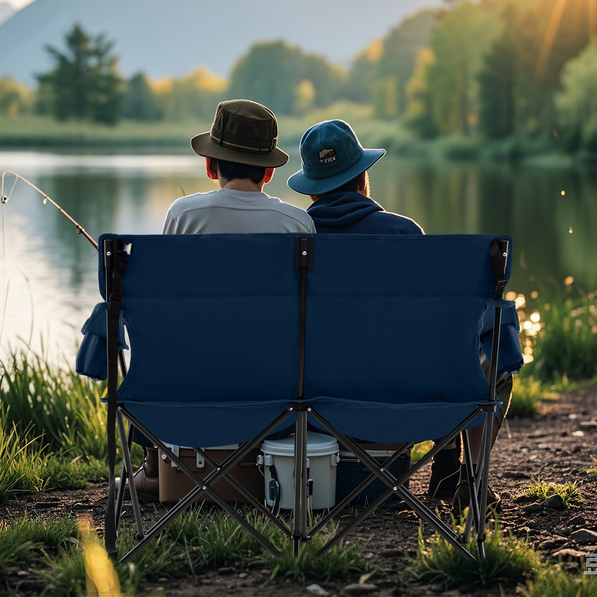 Double Camping Chair, 2-Person Folding Loveseat With Cup Holders, Blue Camping Furniture at Gallery Canada