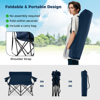 Double Camping Chair, 2-Person Folding Loveseat With Cup Holders, Blue Camping Furniture at Gallery Canada