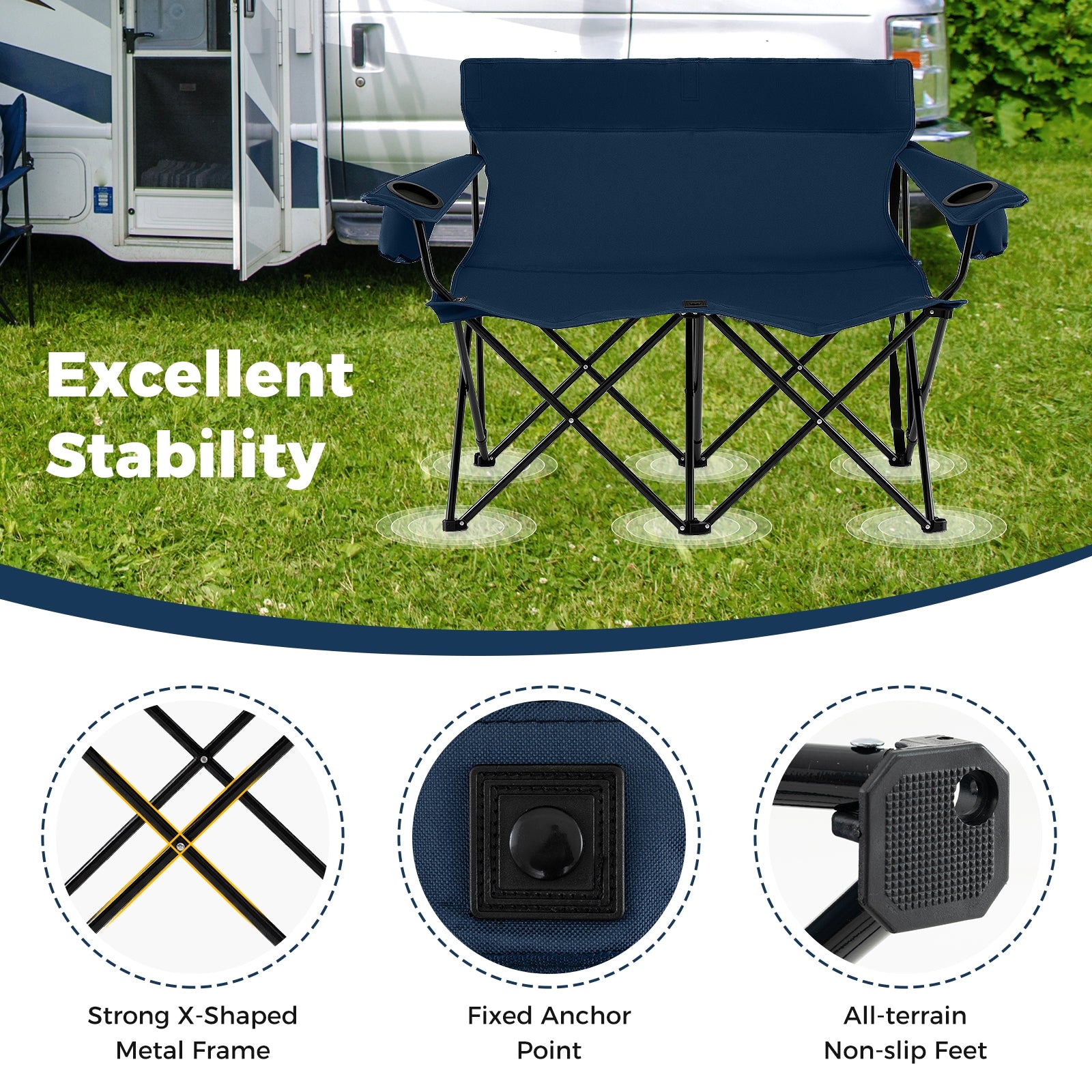 Double Camping Chair, 2-Person Folding Loveseat With Cup Holders, Blue Camping Furniture at Gallery Canada