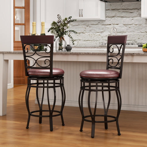 Set of 2 26 Inch Bar Stool, with Backrest and Footrest, Brown