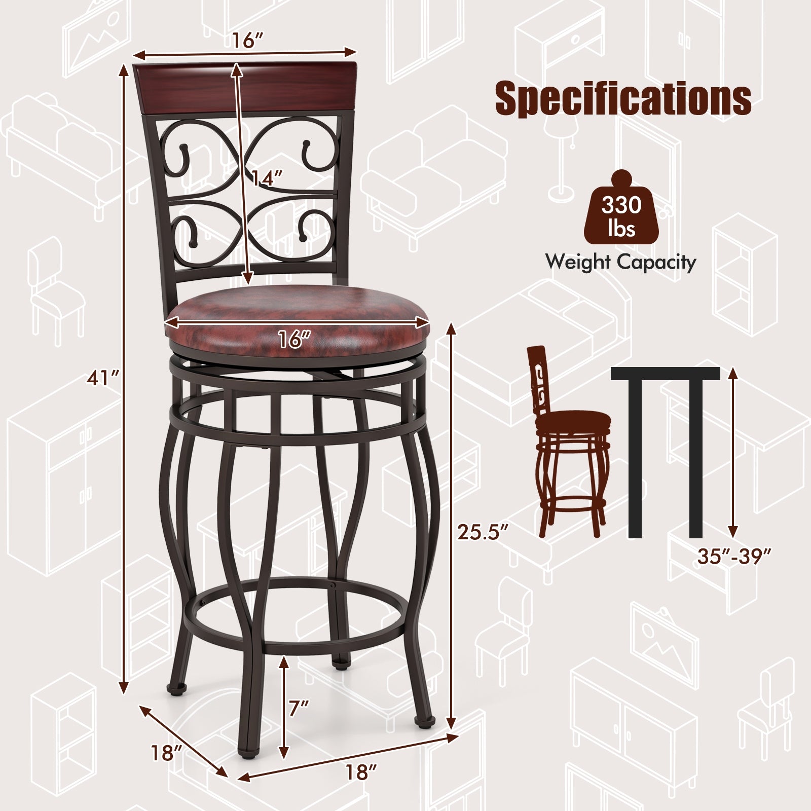 Set of 2 26 Inch Bar Stool, with Backrest and Footrest, Brown Dining Chairs at Gallery Canada