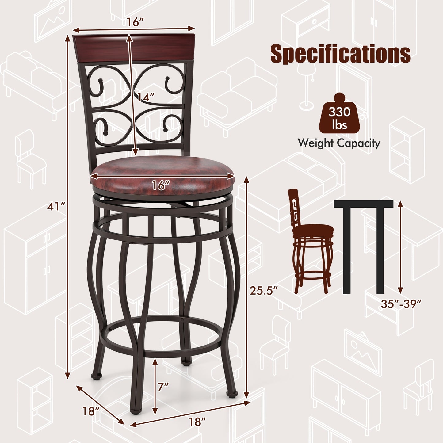 Set of 2 26 Inch Bar Stool, with Backrest and Footrest, Brown Dining Chairs at Gallery Canada