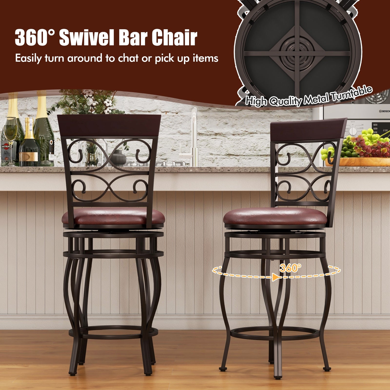 Set of 2 26 Inch Bar Stool, with Backrest and Footrest, Brown Dining Chairs at Gallery Canada