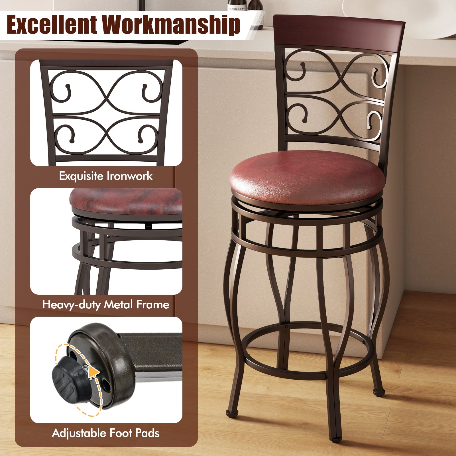 Set of 2 26 Inch Bar Stool, with Backrest and Footrest, Brown Dining Chairs at Gallery Canada