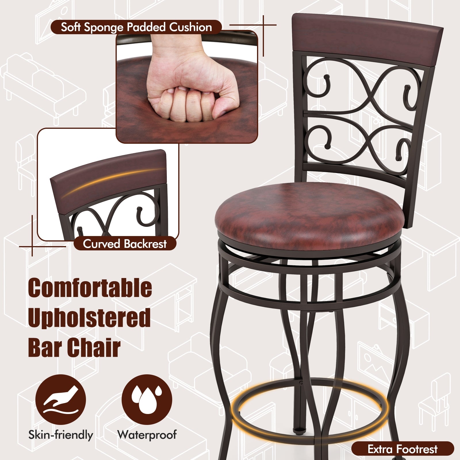 Set of 2 26 Inch Bar Stool, with Backrest and Footrest, Brown Dining Chairs at Gallery Canada