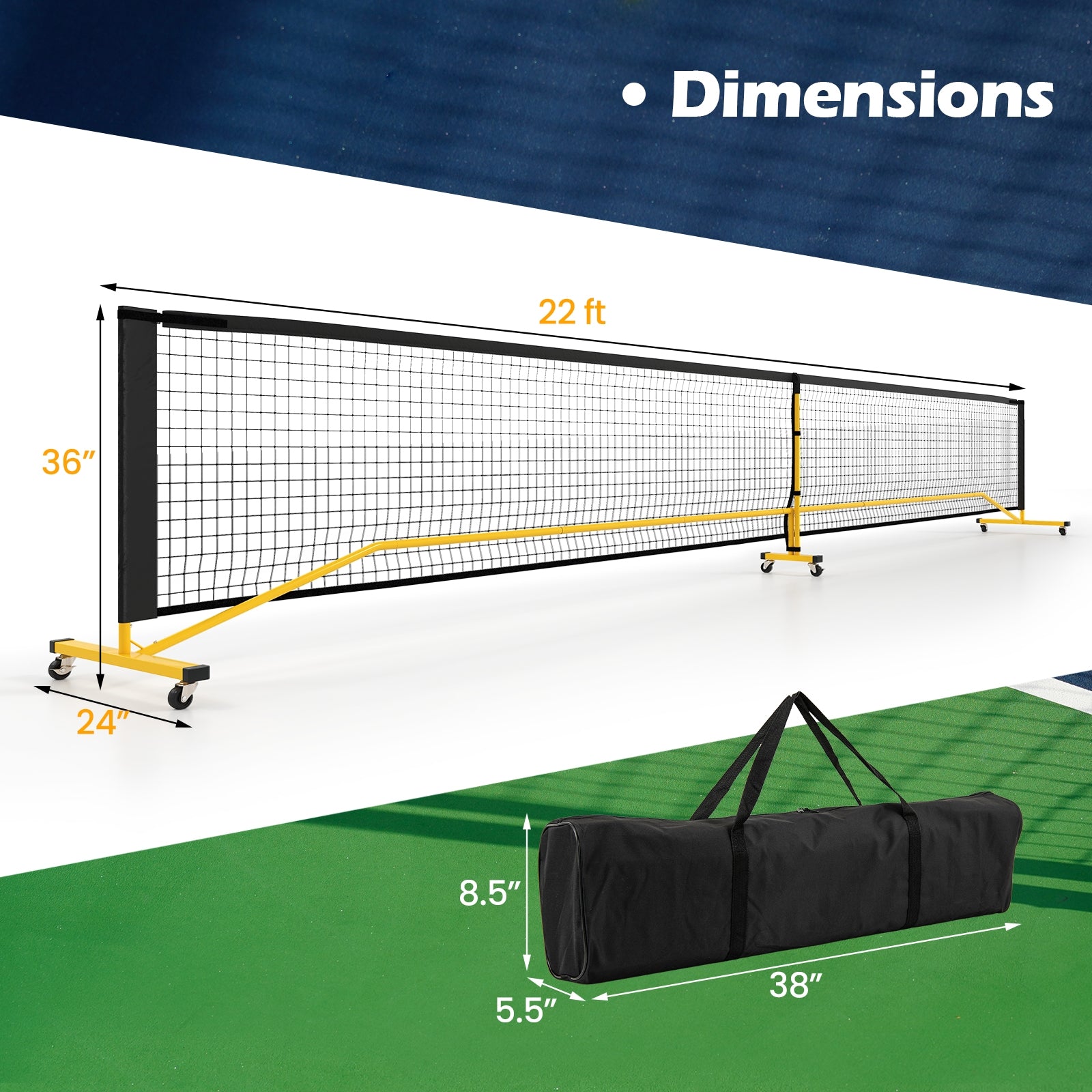 22 Ft Portable Pickleball Net, 6 Lockable Wheels, Carry Bag, Yellow Sport Equipments at Gallery Canada