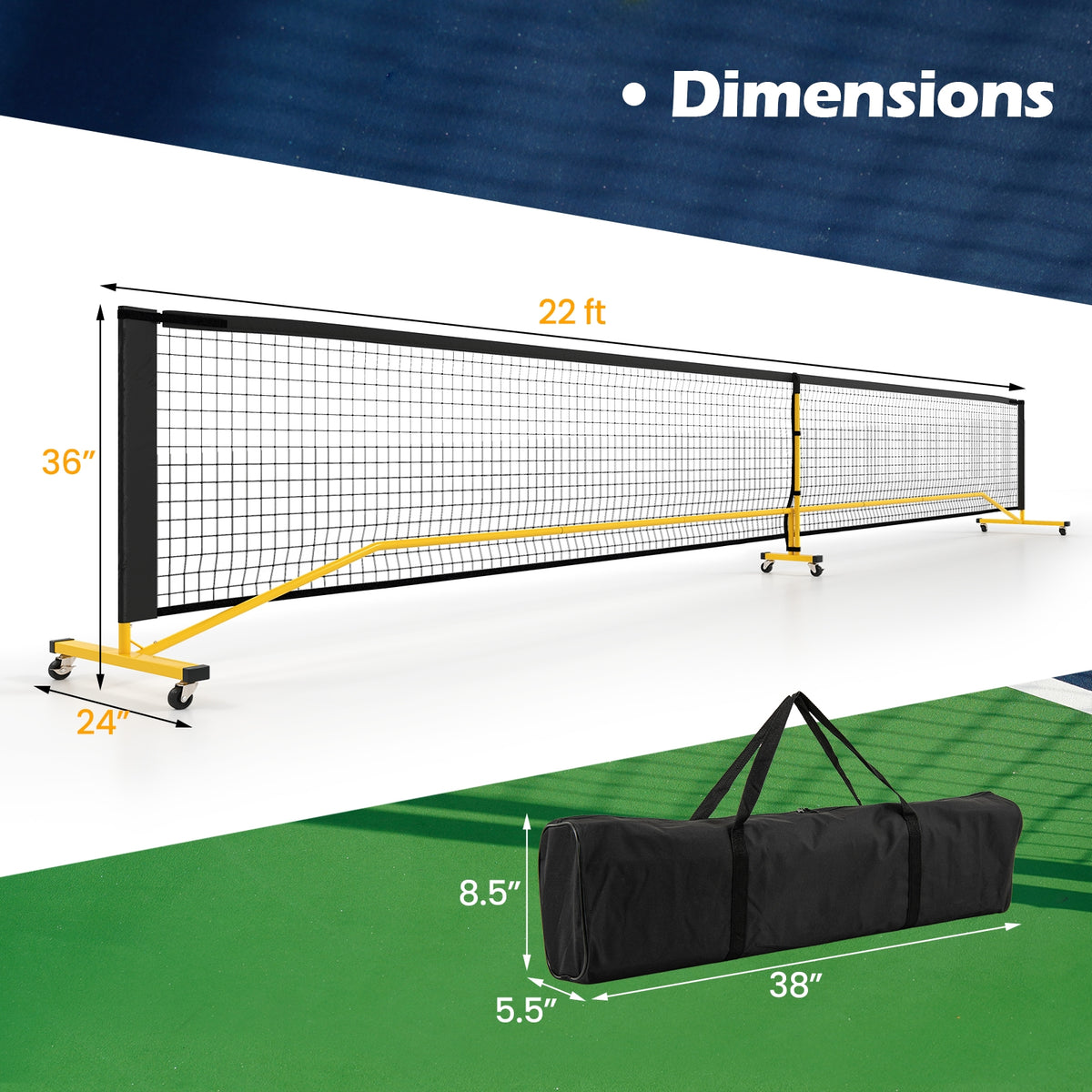 22 Ft Portable Pickleball Net, 6 Lockable Wheels, Carry Bag, Yellow Sport Equipments at Gallery Canada