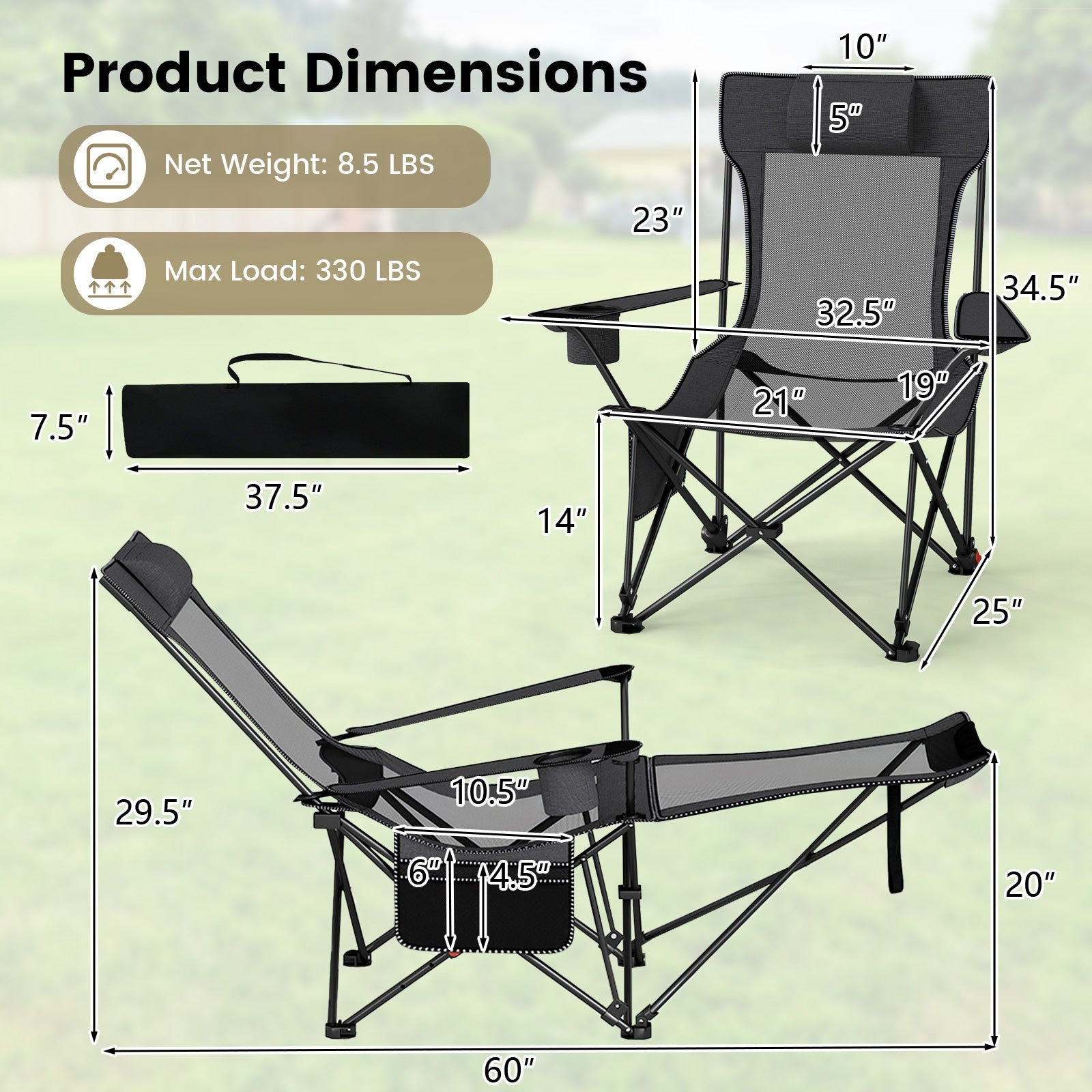 Reclining Camping Chair, Removable Footrest, Adjustable Backrest, Gray Camping Furniture at Gallery Canada