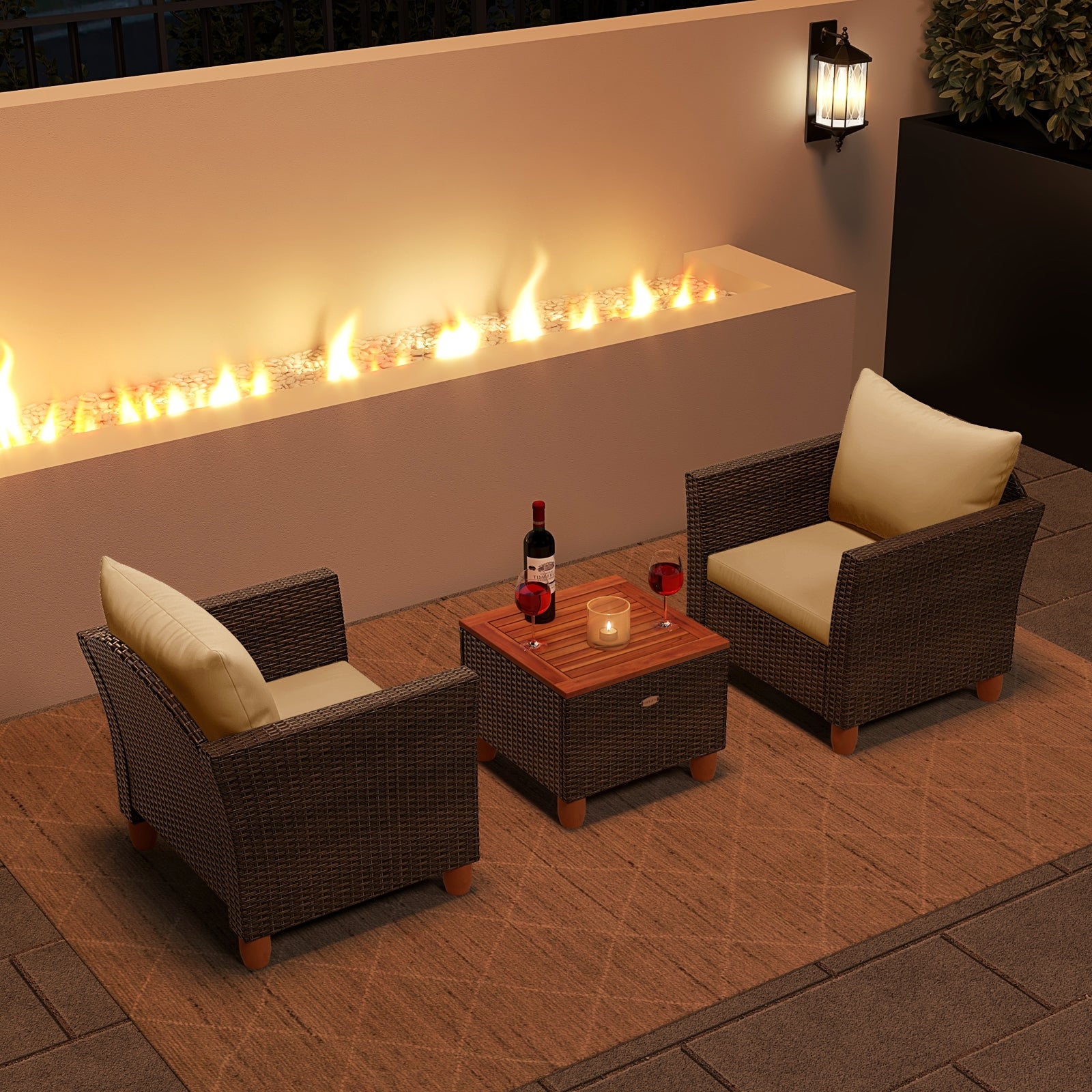 3-Piece Patio Furniture Set With Cushions, Acacia Wood Coffee Table, Beige Patio Conversation Sets at Gallery Canada