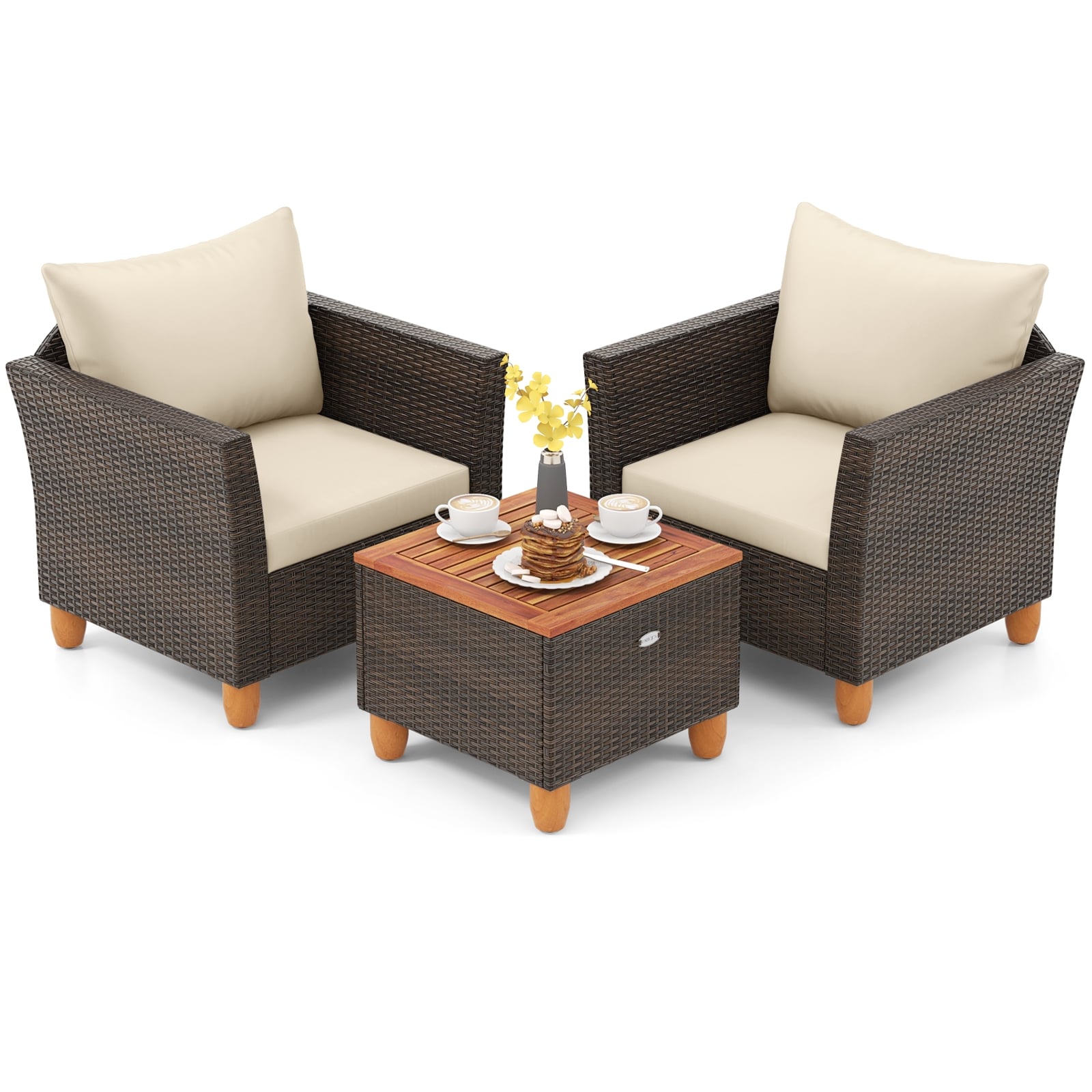 3-Piece Patio Furniture Set With Cushions, Acacia Wood Coffee Table, Beige Patio Conversation Sets Beige at Gallery Canada