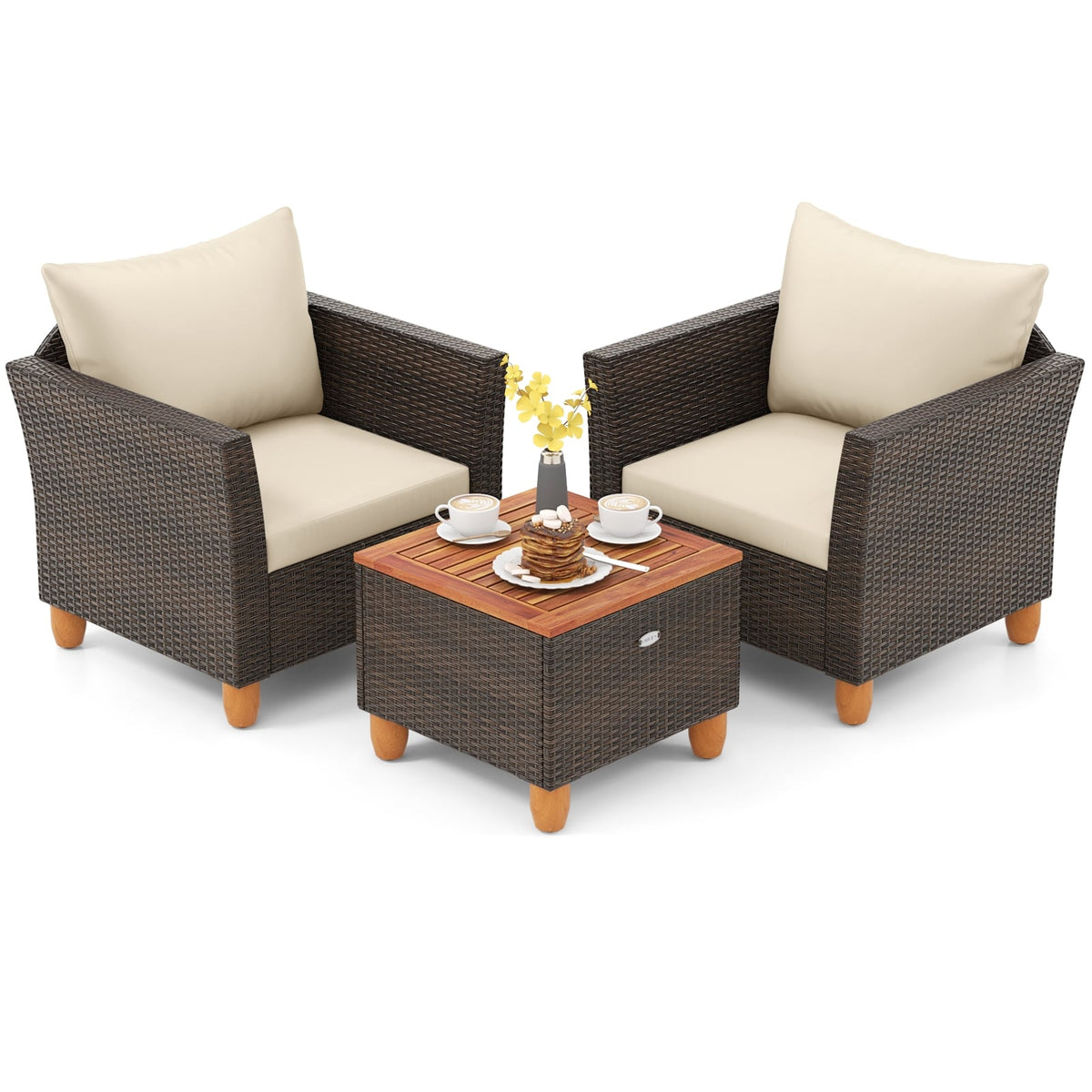 3-Piece Patio Furniture Set With Cushions, Acacia Wood Coffee Table, Beige Patio Conversation Sets at Gallery Canada