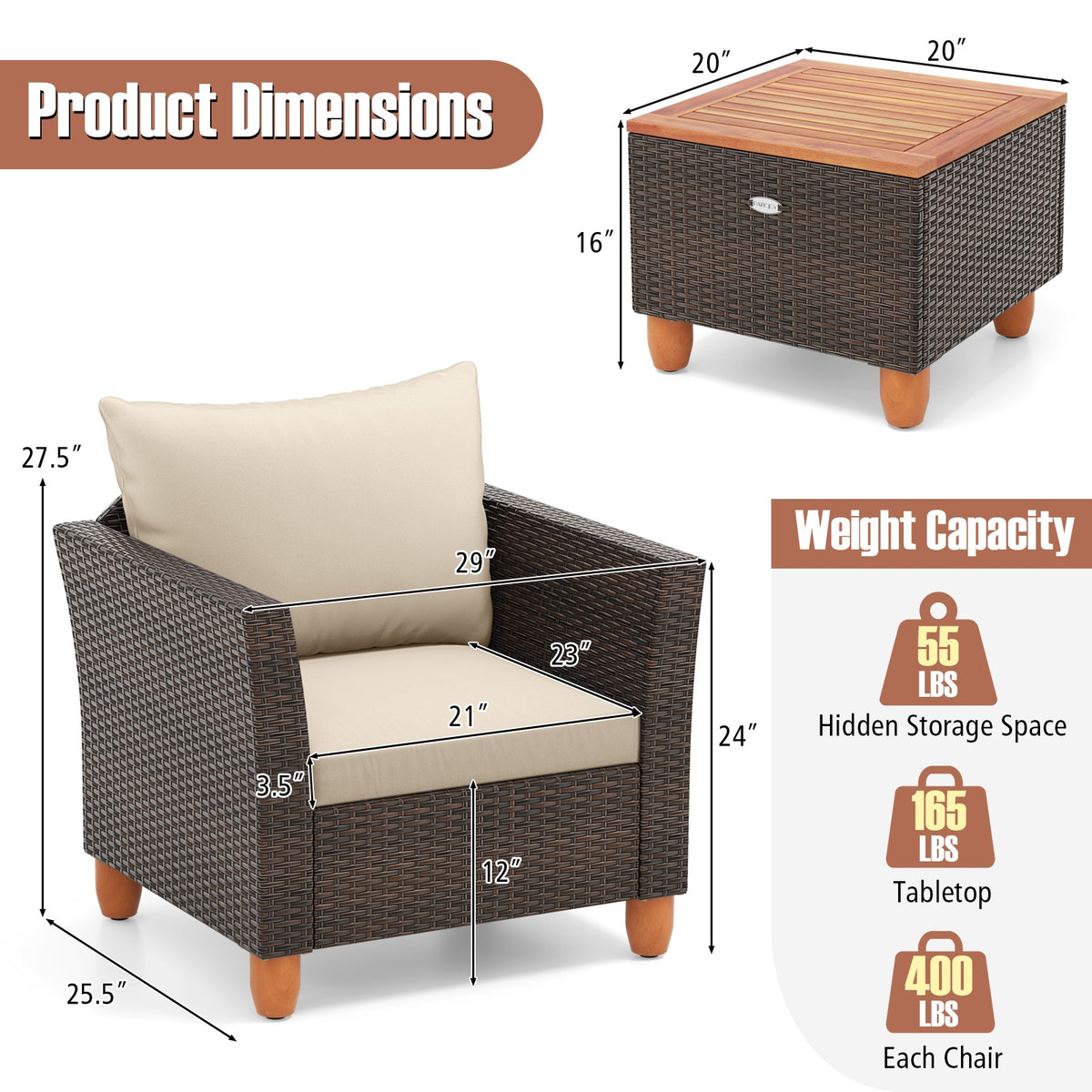 3-Piece Patio Furniture Set With Cushions, Acacia Wood Coffee Table, Beige Patio Conversation Sets at Gallery Canada