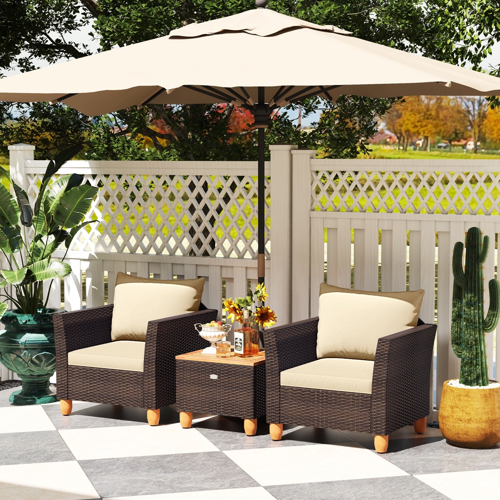 3-Piece Patio Furniture Set With Cushions, Acacia Wood Coffee Table, Beige Patio Conversation Sets at Gallery Canada
