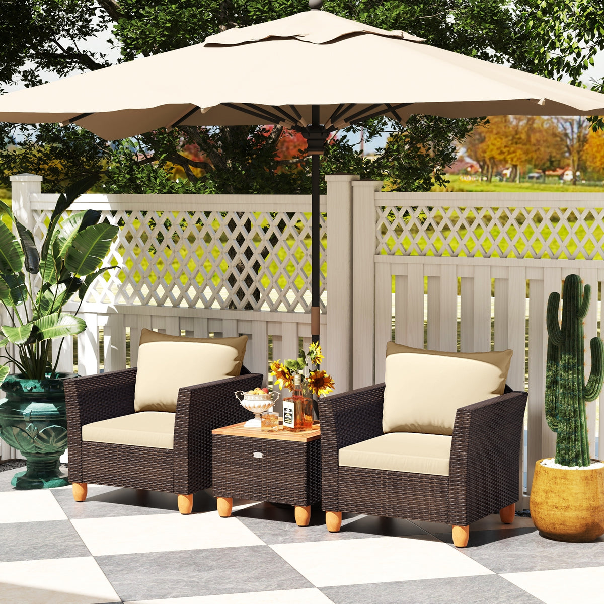 3-Piece Patio Furniture Set With Cushions, Acacia Wood Coffee Table, Beige Patio Conversation Sets at Gallery Canada