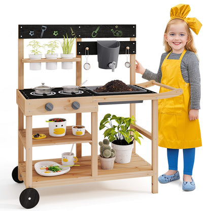 Outdoor Fir Wood Play Kitchen, Blackboard, Planting Pots, Natural Play Kitchen Sets at Gallery Canada