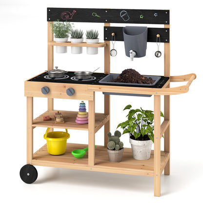Outdoor Fir Wood Play Kitchen, Blackboard, Planting Pots, Natural Play Kitchen Sets Natural at Gallery Canada