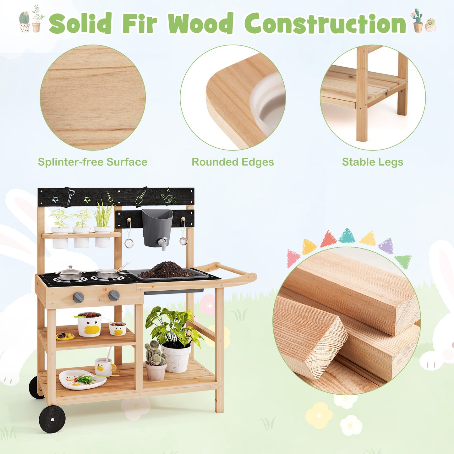 Outdoor Fir Wood Play Kitchen, Blackboard, Planting Pots, Natural Play Kitchen Sets at Gallery Canada