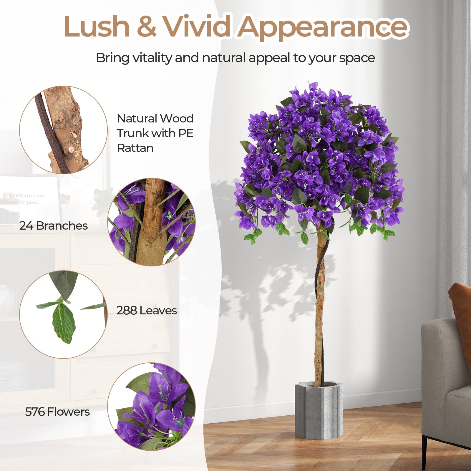 Artificial Azalea Tree, 4.5 Feet, Cement Pot, Purple Faux Plants at Gallery Canada