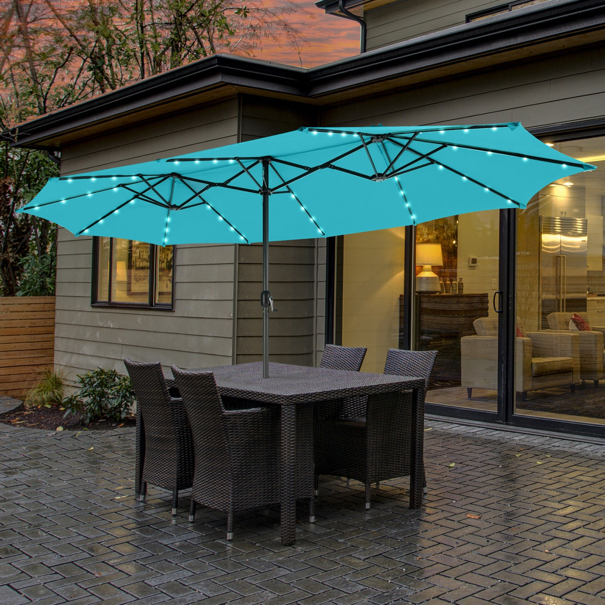 15 Feet Twin Patio Umbrella, 48 Solar LED Lights, Turquoise Outdoor Umbrellas at Gallery Canada