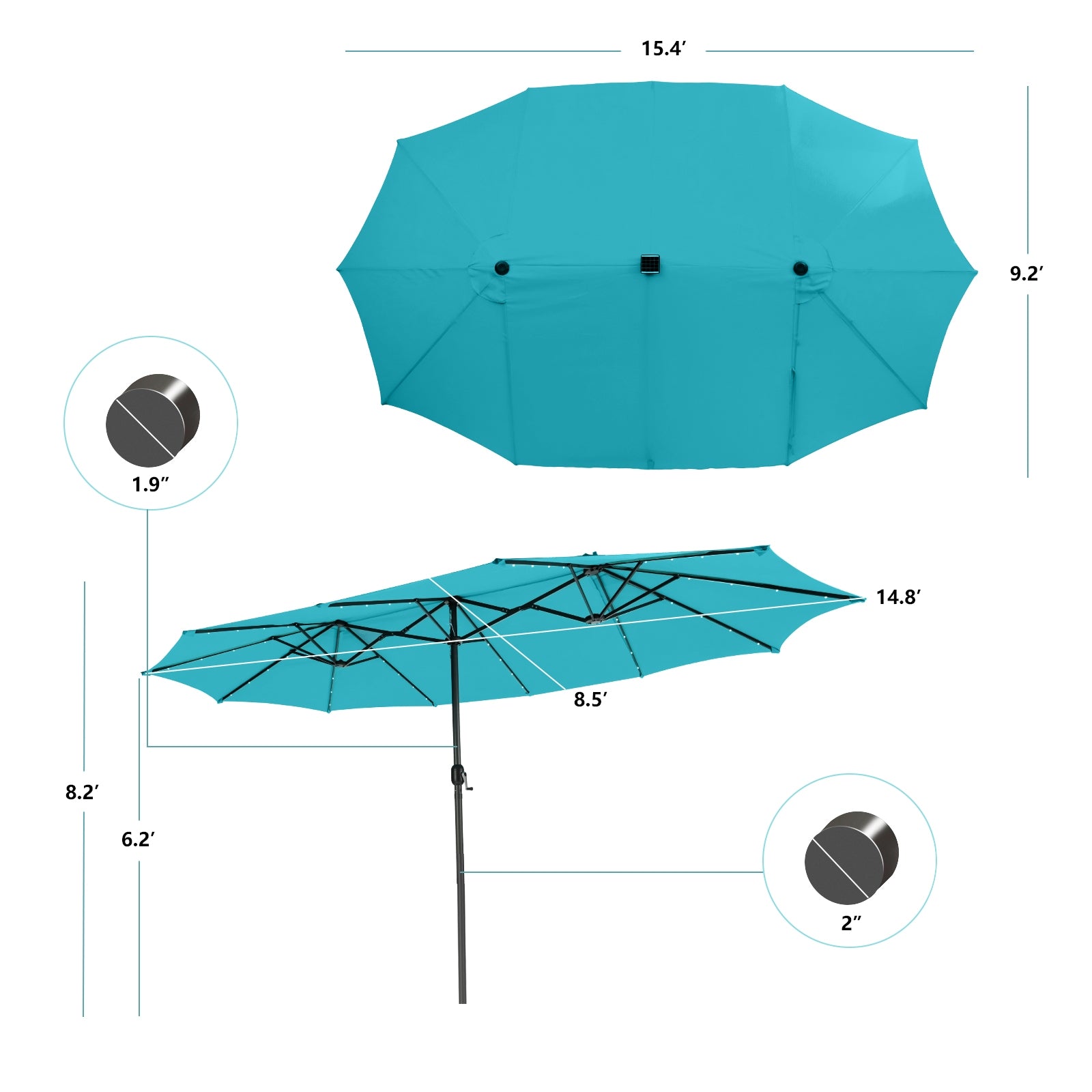 15 Feet Twin Patio Umbrella, 48 Solar LED Lights, Turquoise Outdoor Umbrellas at Gallery Canada