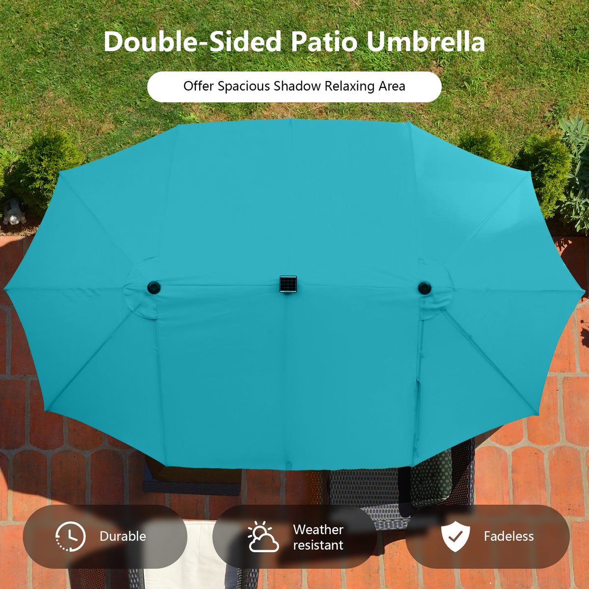 15 Feet Twin Patio Umbrella, 48 Solar LED Lights, Turquoise Outdoor Umbrellas at Gallery Canada