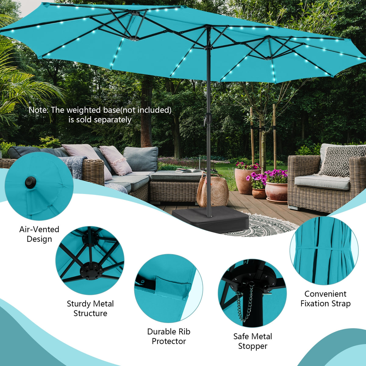 15 Feet Twin Patio Umbrella, 48 Solar LED Lights, Turquoise Outdoor Umbrellas at Gallery Canada