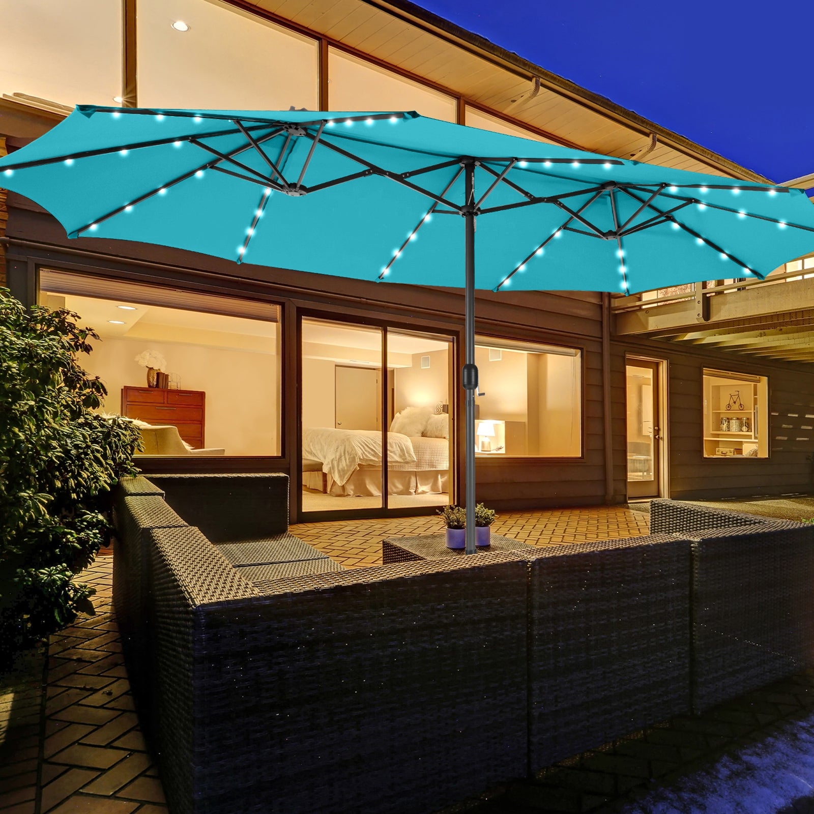 15 Feet Twin Patio Umbrella, 48 Solar LED Lights, Turquoise Outdoor Umbrellas at Gallery Canada