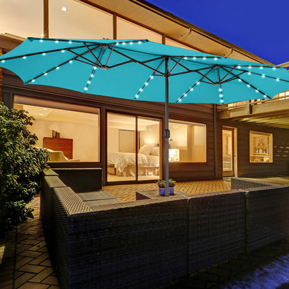 15 Feet Twin Patio Umbrella, 48 Solar LED Lights, Turquoise Outdoor Umbrellas at Gallery Canada