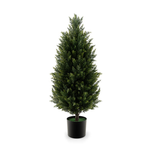 3 Feet Artificial Cedar Topiary Tree, Cement Plastic Pot, Green