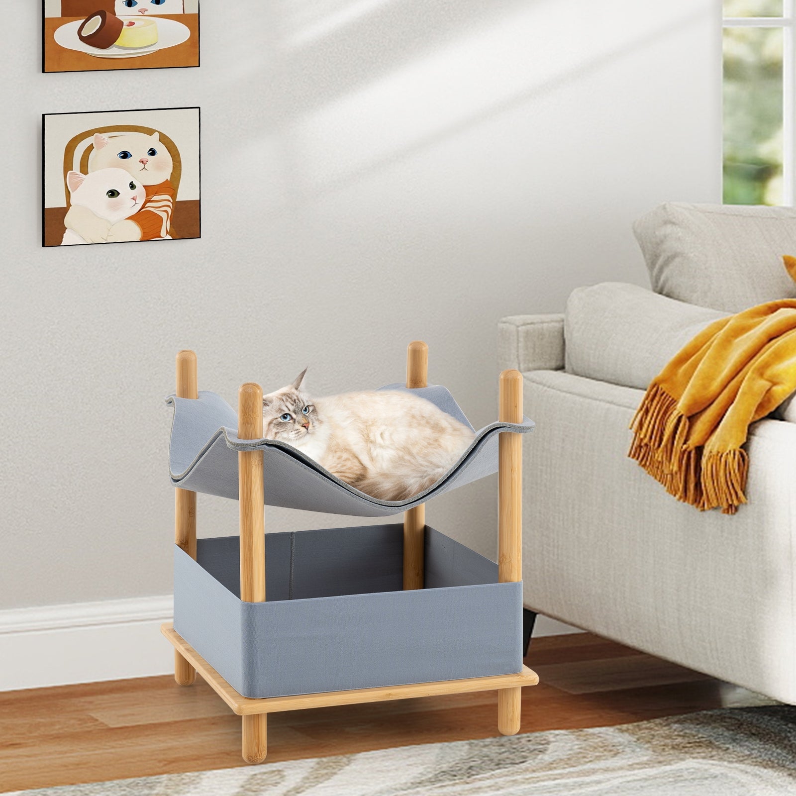 2-Tier Wooden Cat House, Semi-Enclosed Condo, Removable Clothes, Gray Cat Trees Condos & Scratchers at Gallery Canada