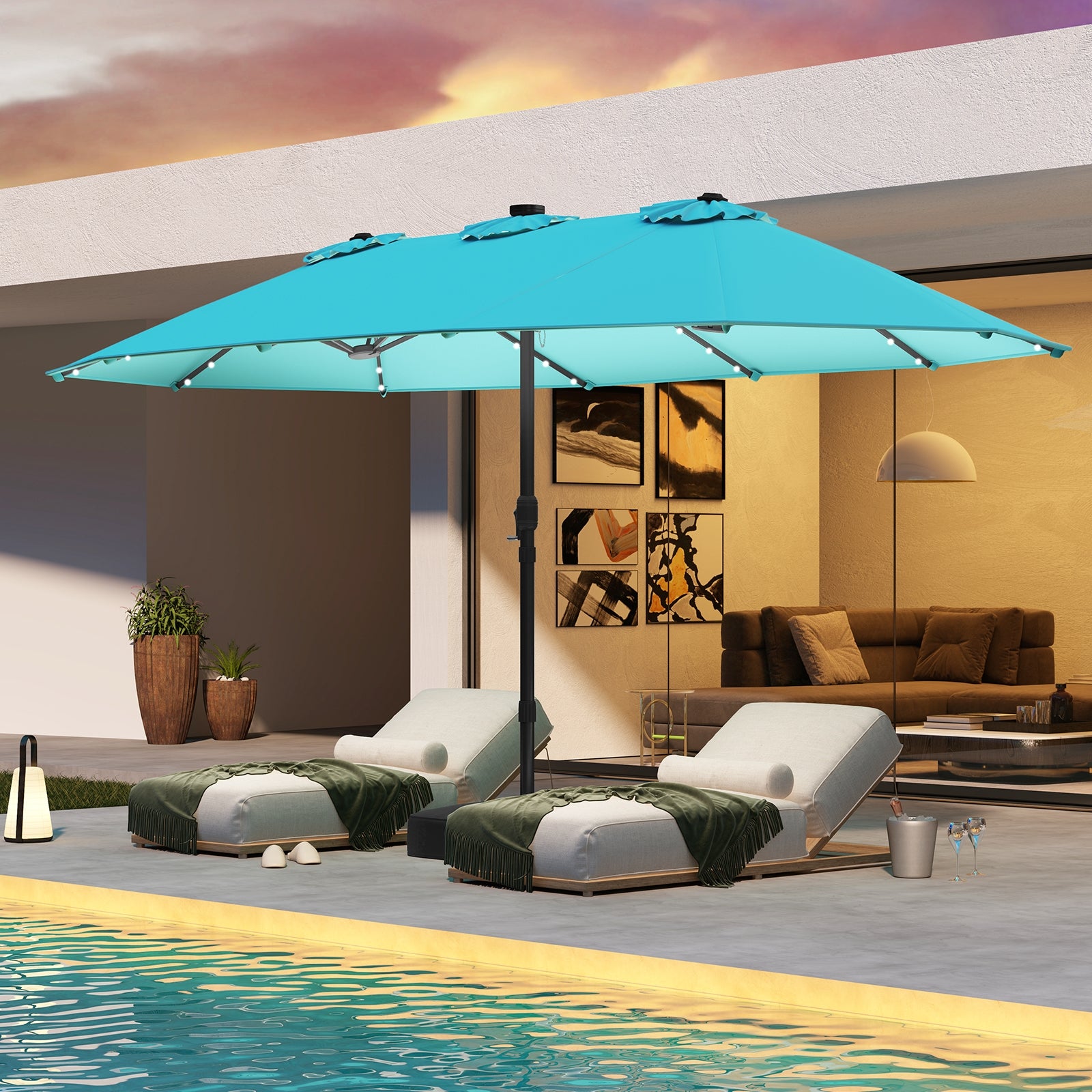 15 Feet Patio Umbrella, 48 LED Lights, Turquoise Outdoor Umbrellas at Gallery Canada
