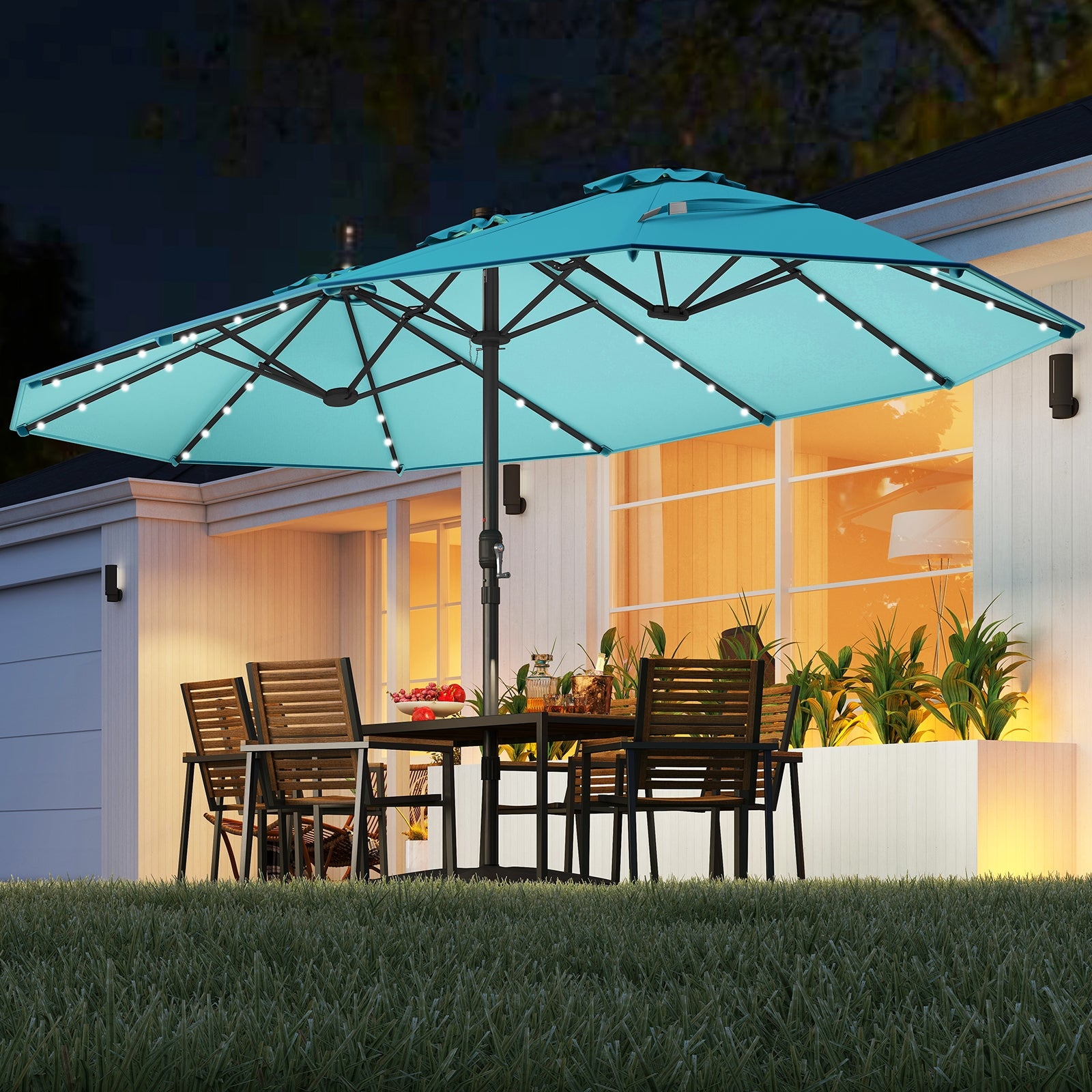 15 Feet Patio Umbrella, 48 LED Lights, Turquoise Outdoor Umbrellas at Gallery Canada
